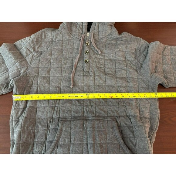 Quilted Gray Hooded Pullover Sweatshirt With Kangaroo Pocket‎ & Button Closure - Picture 13 of 16